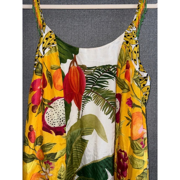 FARM Rio Dresses & Skirts - Farm Rio XL Maxi Mixed Prints Dress Yellow Tropical Fruit Beaded Fringe Straps